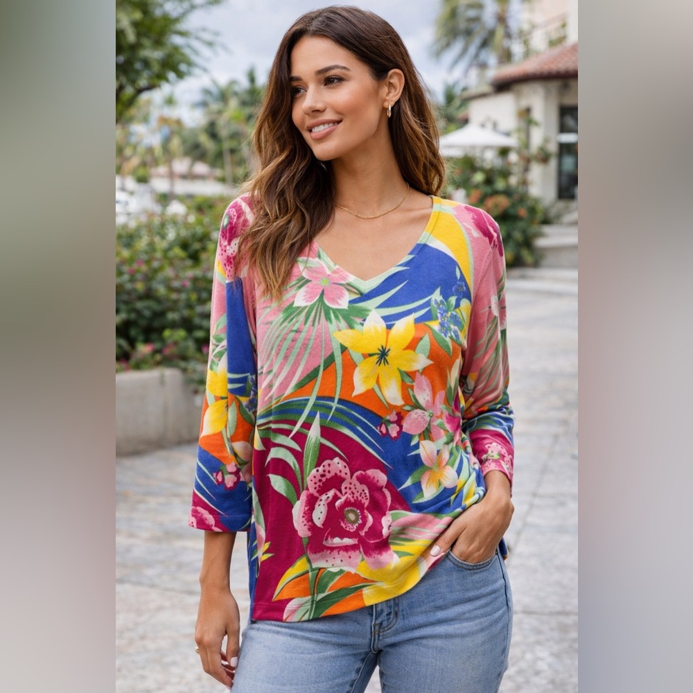 Boston Proper Tropical Floral 3/4 Sleeve Scoop Neck Top Size Large